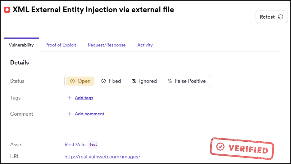 Example of the confirmed vulnerability with the Verified badge in the details pane.